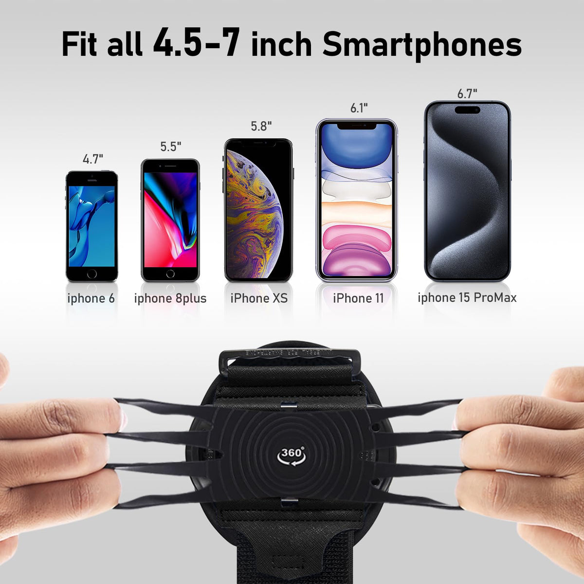 HLOMOM Wristband Phone Holder for Running,Forearm Armbands 360° Rotatable & Detachable Compatible with All 4.5-7 inch Cellphone for iPhone 16/15/14/Pro/ProMax/13/12/11/mini/XS/XR,for Workout Jogging