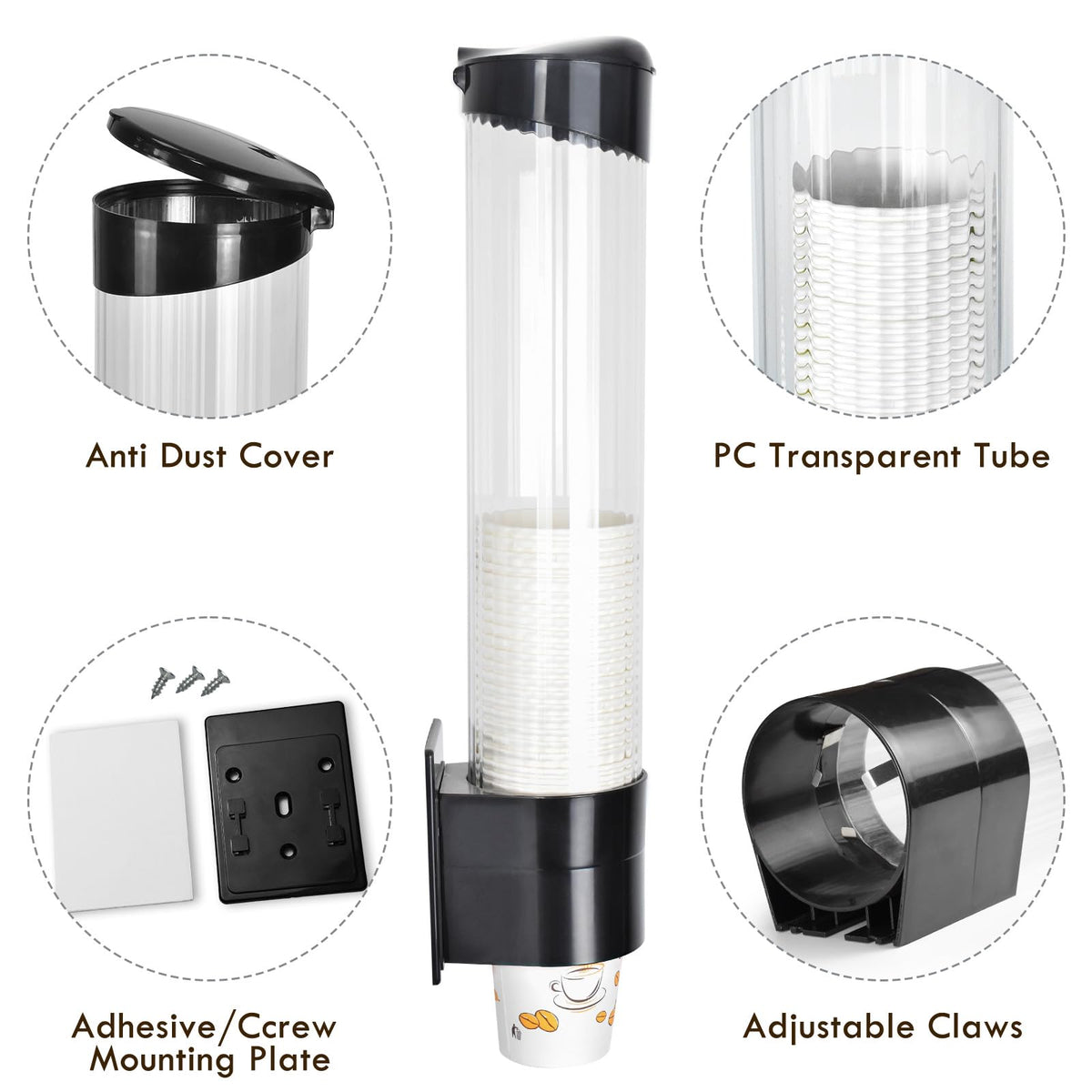 LBTING Cup Dispenser, Water Cooler Pull Type Cup Holder Fits 7oz - 12oz Cone or Flat Bottom Cups, Paste or Screw Plate Wall Mount, 16.9" Tube Length Black