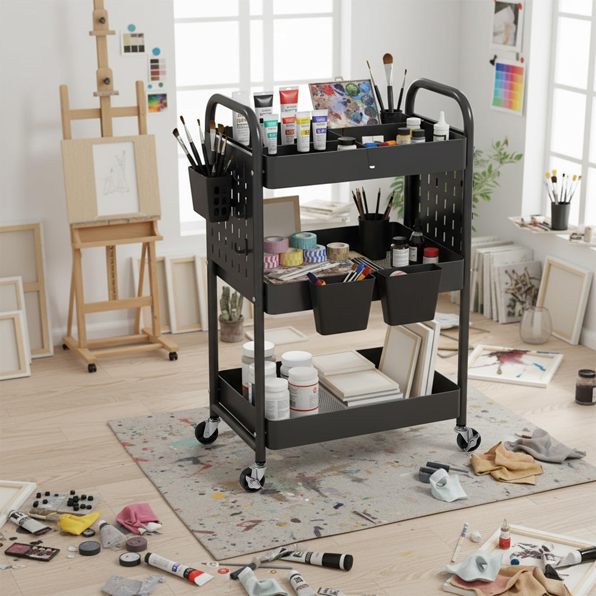 danpinera Craft Cart, Black Rolling Cart with Retractable Dividers & DIY Pegboards for Kitchen, Bedroom, Laundry
