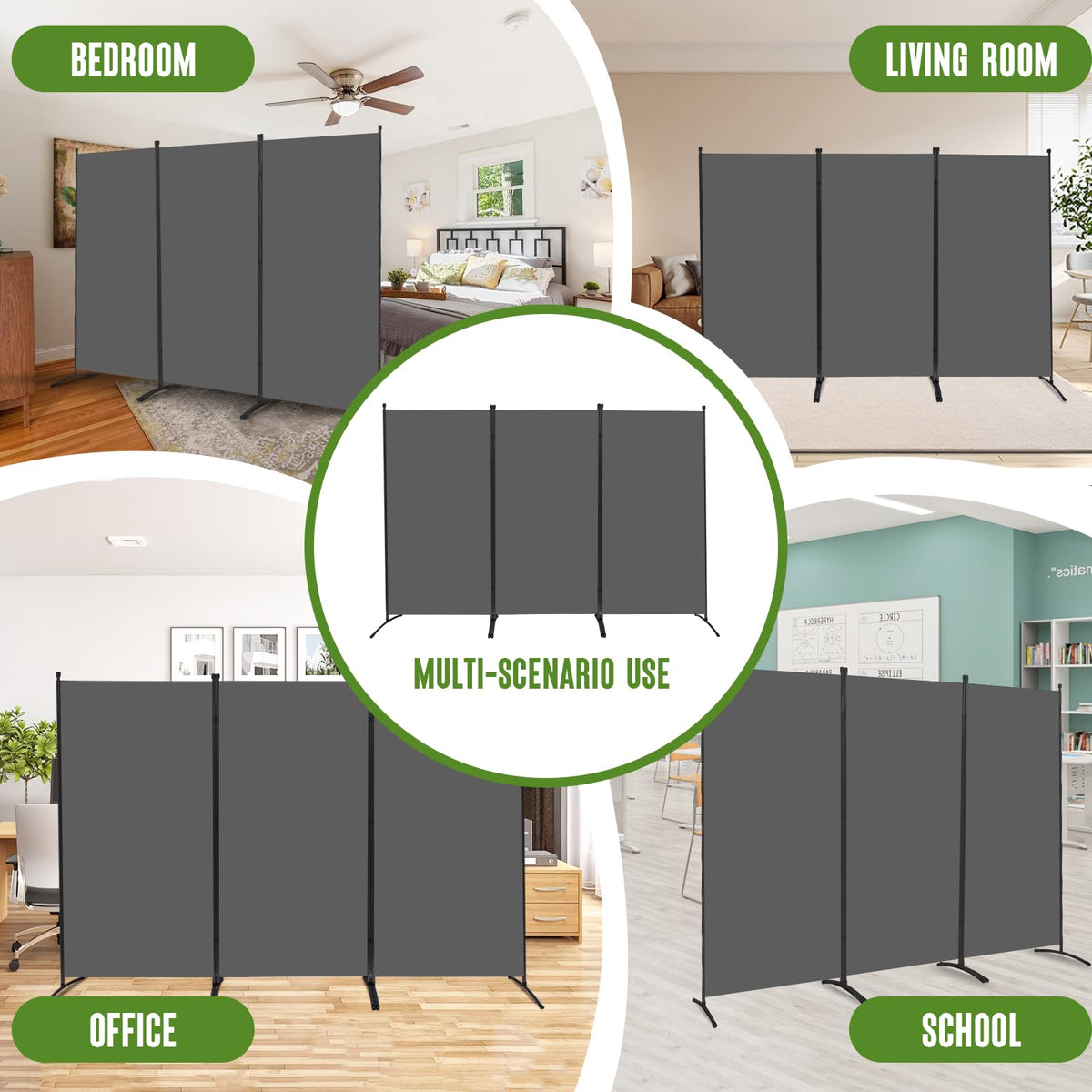 3 Panel Folding Room Divider, 102" Wx71.3 H Portable Wall Divider, Grey