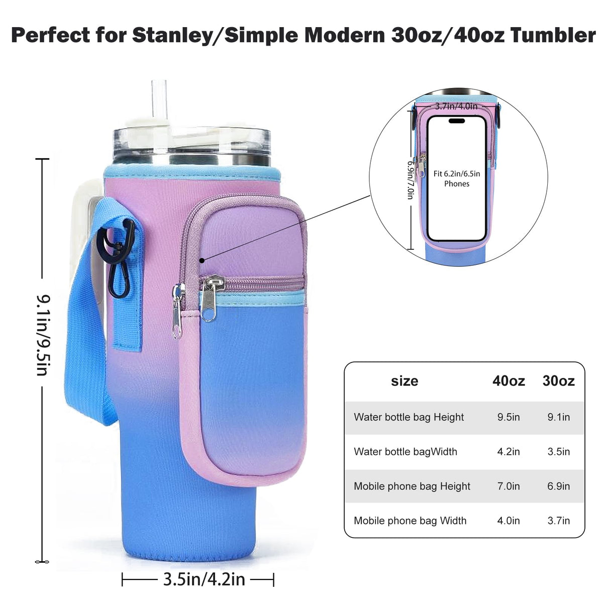 GOEWY Water Bottle Carrier Bag for Stanley 30 oz Tumbler with Phone Pocket Neoprene Water Bottle Holder with Shoulder & Handheld Strap Stanley Cup Accessories