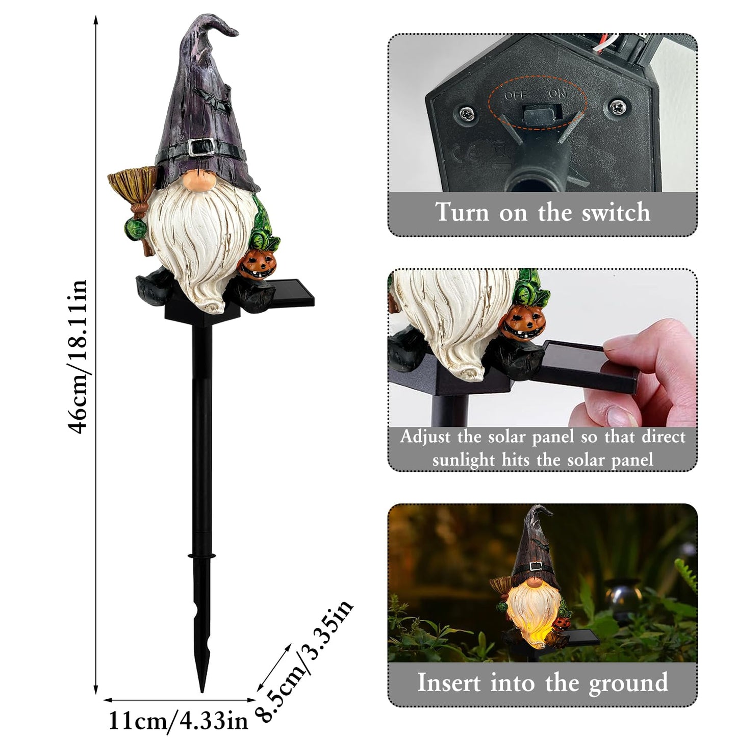 LAIAMER Halloween Gnome Garden Lights Outdoor Solar Halloween Pathway lights, Fall Yard Stakes Fall Decorations Gnome Statue with Bat&Pumpkin, Gnomes Gifts Fairy Garden Lights for Outside Lawn(Purple)