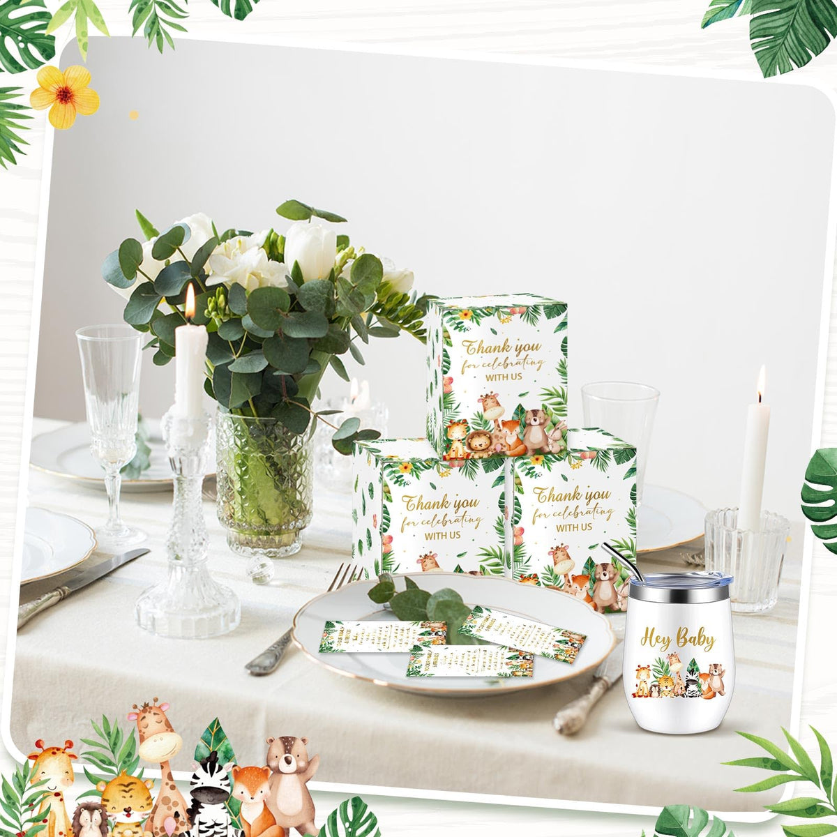 Hoolerry 6 Set Baby Shower Game Prizes for Guests Winners 12 oz Insulated Stainless Steel Tumbler Cup with Lids, Straws, Cleaning Brush, Cards & Boxes Return Gifts(Green,Safari Animals)