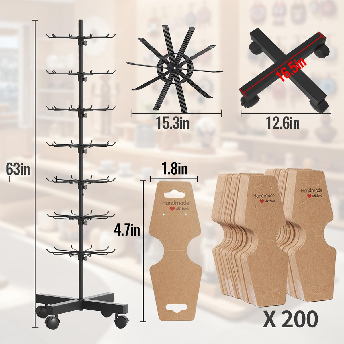 MaagorVita Retail Display Stand 7 Tier Rotating Rack for Store, Keychain Jewelry Vendor Events, 360° Spinning Display Spinner with 200PCS Cards, Movable and Adjustable