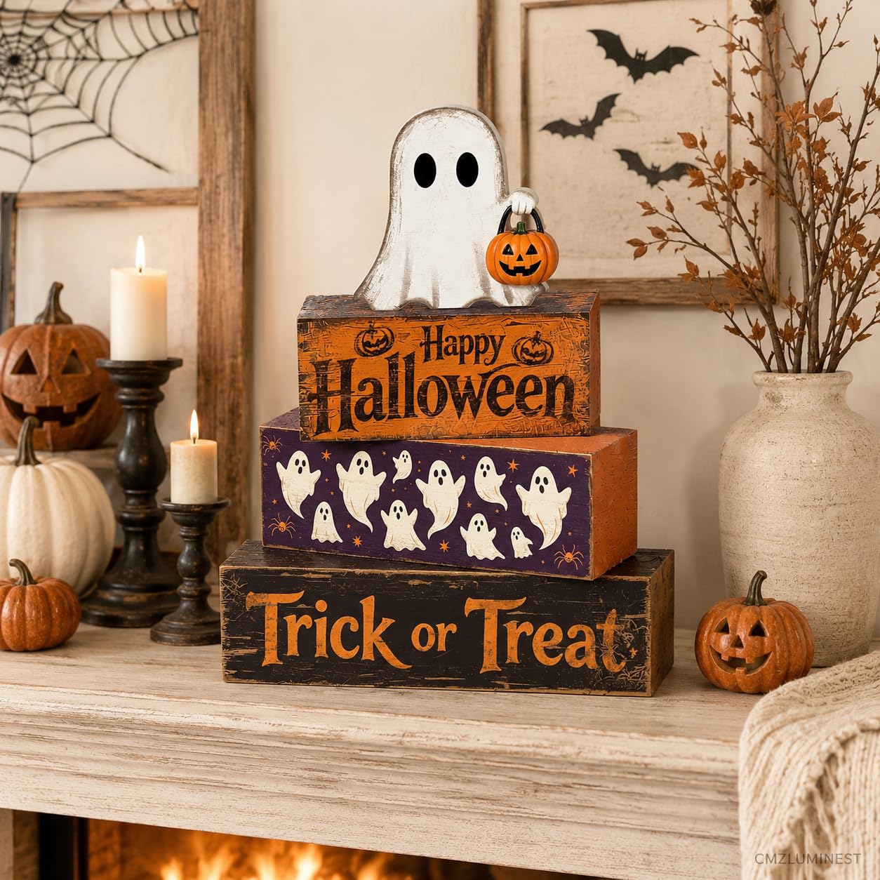 4 Pcs Halloween Table Decorations, Rustic Farmhouse Wooden Block Signs with Ghost & Jack-o'-Lantern, Trick or Treat Tiered Tray Decor, Happy Halloween Tabletop Centerpiece for Home Office Mantel Kitchen Shelf