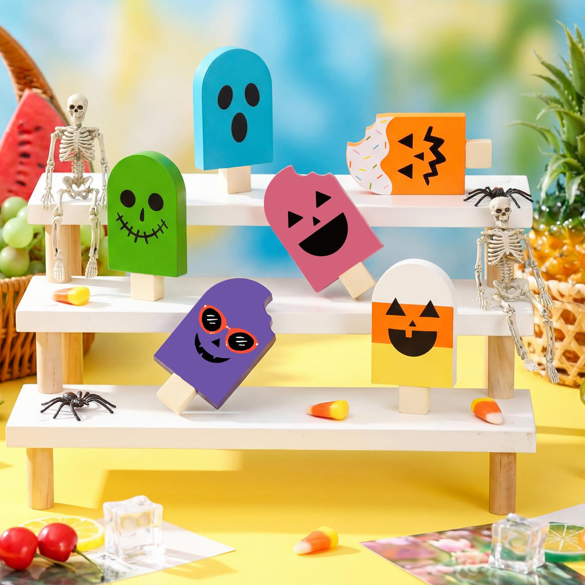 Kathfly 6 Pcs Summer Halloween Table Decor Wooden Ice Cream Tiered Tray Decor Halloween in Summer Table Sign Spooky Cute Tabletop Centerpiece for Home Kitchen Shelf Display Desk Party Decoration Gift