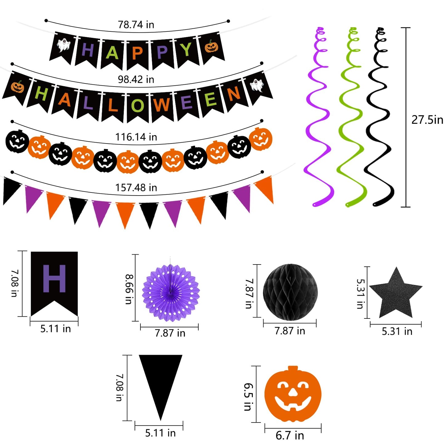 Halloween Party Decorations Happy Halloween Banner Honeycomb Balls Paper Fans Hanging Swirls Triangle Garland for Indoor Home Office Class School Party Supplies