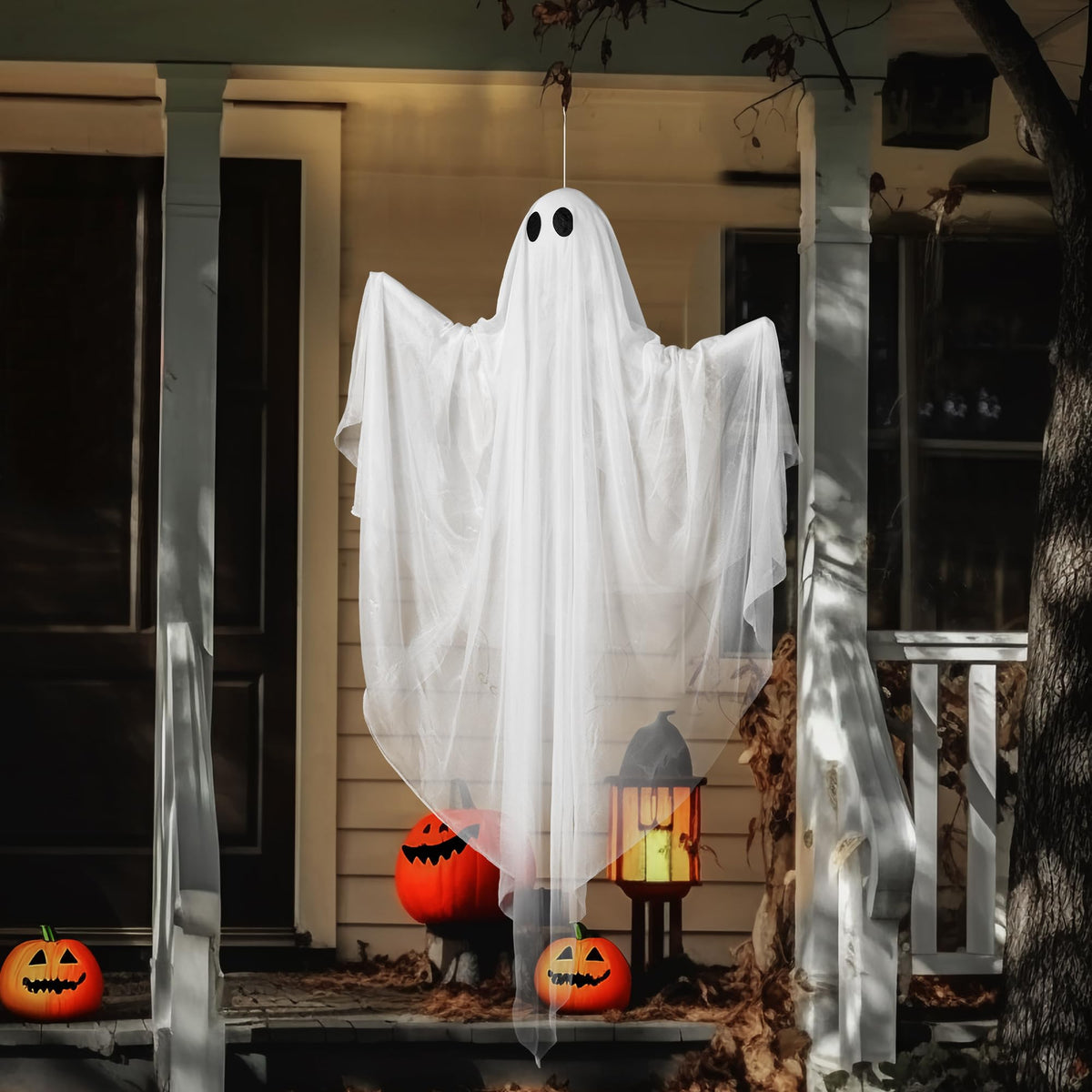 JOYIN Halloween Hanging Light up Ghost, 47” White Ghosts with Warm White LED Light and Timer Halloween Hanging Decoration Waterproof for Front Yard Patio Lawn Garden Party Decor Indoor Outdoor