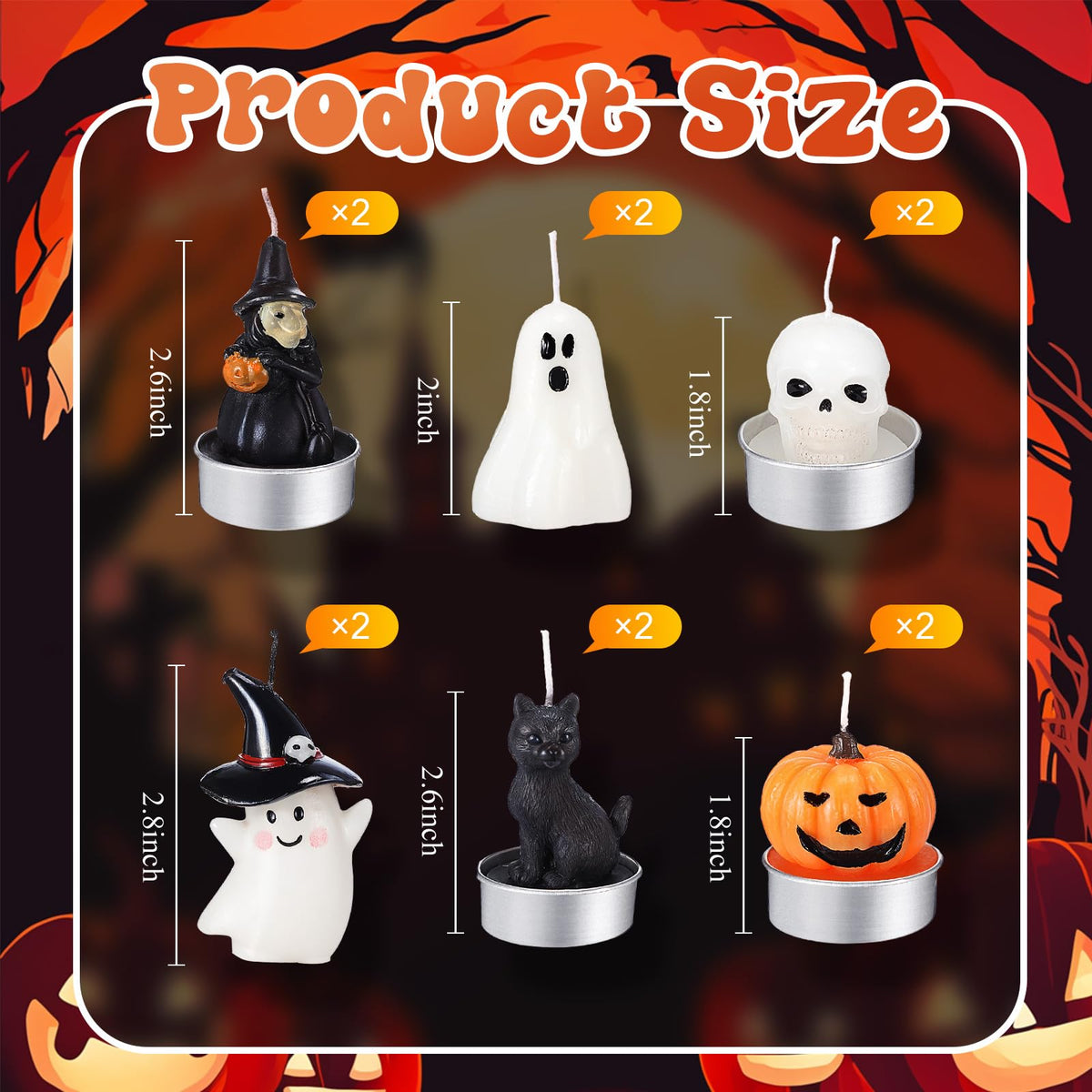 Rossesay 12 PCS Halloween Decoration Ghost Candles Pumpkin Skeleton Cat Witch Cute Mini Candles White Soy Wax Horror Tea Lights Spooky Set for Autumn Halloween Party Home Decorations