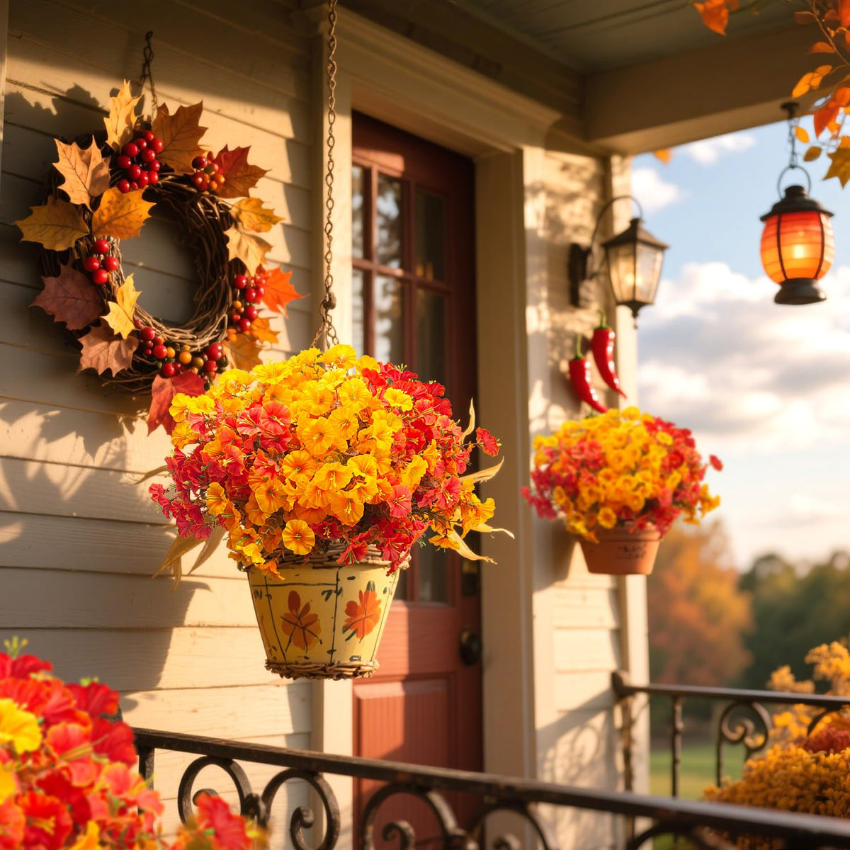 Grunyia 16 PCS Outdoor Fall Artificial Flower - Autumn Thanksgiving Halloween Porch Decor, Faux UV-Resistant Plants for Front Door, Wall, Fence, Fireplace Mantel Decorations
