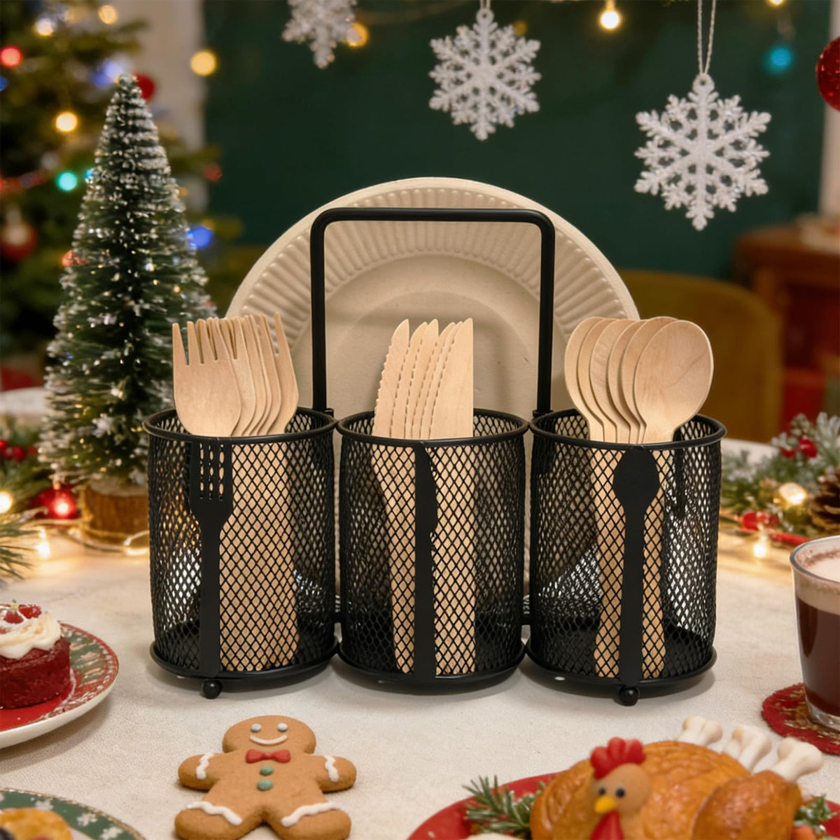 ETlanding Silverware Organizer Utensil Caddy - 4 Compartment Metal Cutlery Holder Flatware Storage Basket Fork Spoon Napkin Paper Plate Kitchen Countertop Party Picnic Camping Buffet Outdoor (Black)