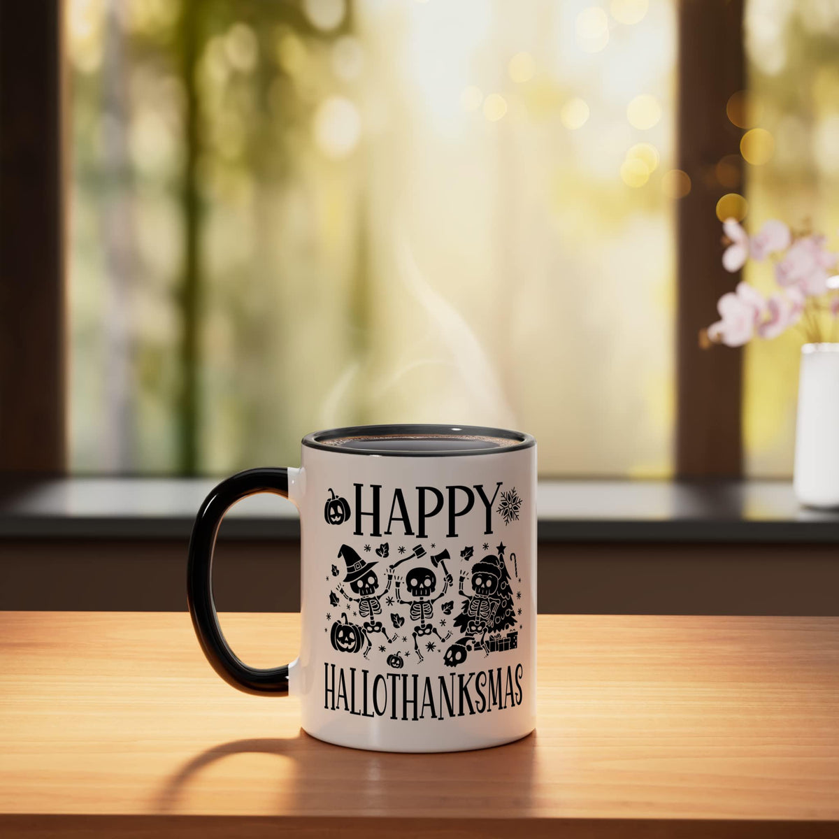 Happy Hallothanksmas Halloween Thanksgiving Xmas Skeleton Ceramic Mug, Black/White