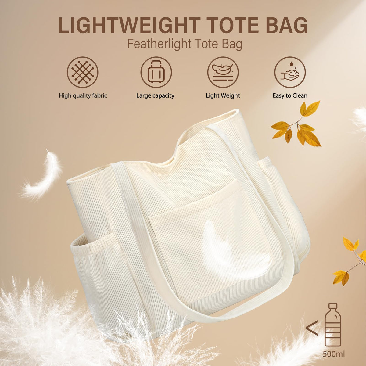 Corduroy Tote Bag for Women, Large Capacity Cute Tote Bags With 6 Pockets, Laptop Tote Bag Crossbody Shoulder Handbag Teacher Nurse Bags for Work Travel Gym(Beige)