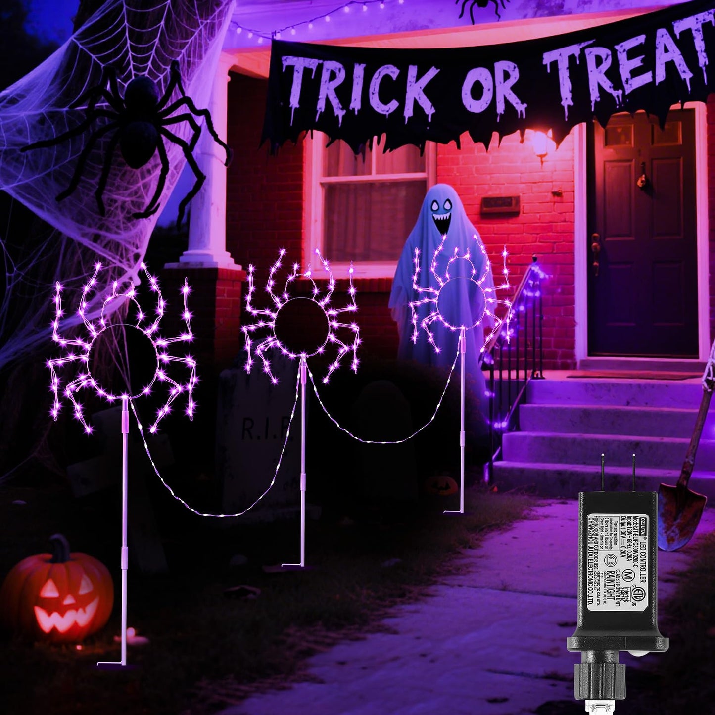 Outdoor Halloween Decorations Lights, 3PACK Hopolon Halloween Spider Pathway Lights 229LED Plug-in Purple Garden Light Walkway with 8Modes Timer Waterproof for Holiday Home Garden Yard Party Decor