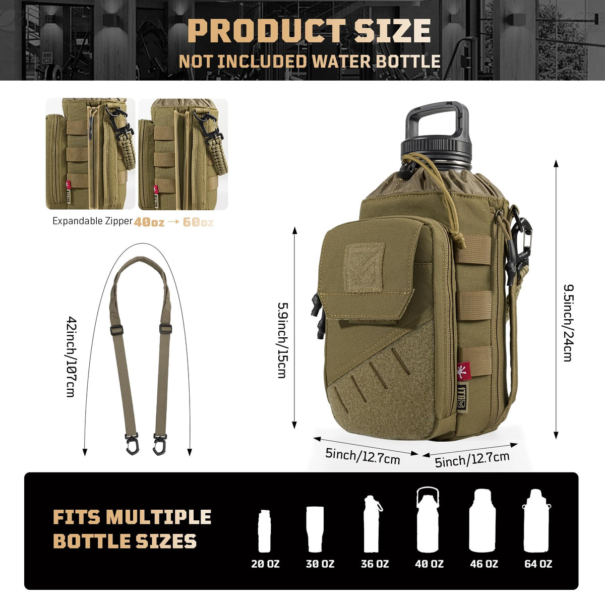 1TG Tactical Magnetic Gym Bag for Men,Magnetic Gym Water Bottle Bag with Phone Pockets&40 64oz Multiple Size, Water Bottle Holder with Adjustable Shoulder, Ideal for Fitness,Sports,Travel(Brown)