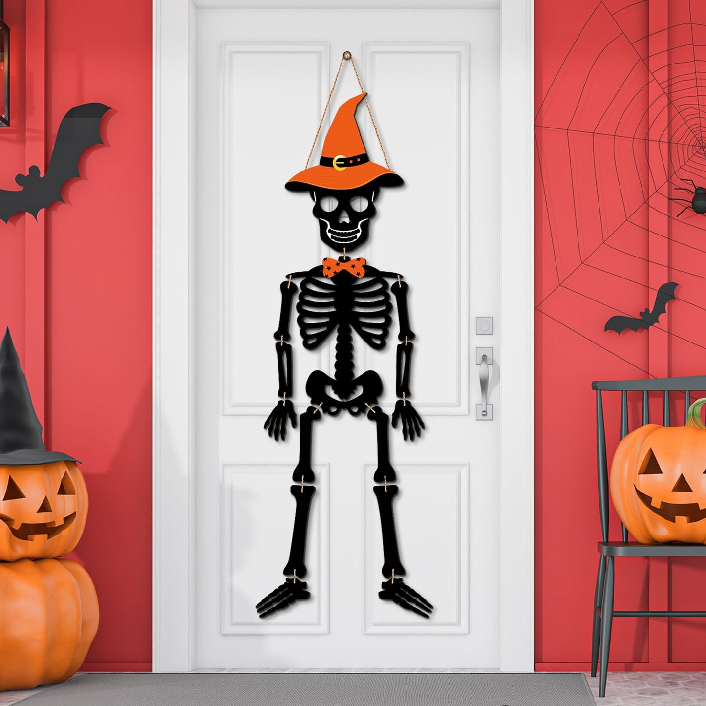 Wesiti Skeleton Halloween Door Hanger Skull Wooden Sign Halloween Skeleton Decorations Door Hanger Sign Rustic Front for Spooky House Wall Decorations