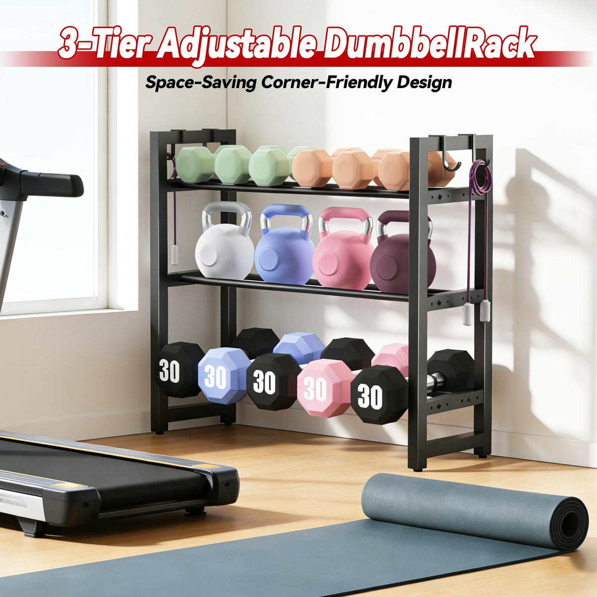 3-Tier Small Weight Rack for Home Gym, Adjustable Dumbbell Rack 450LBS Capacity with Side Hooks, Space Saving Workout Equipment Storage Organizer, Tool-free Assembly