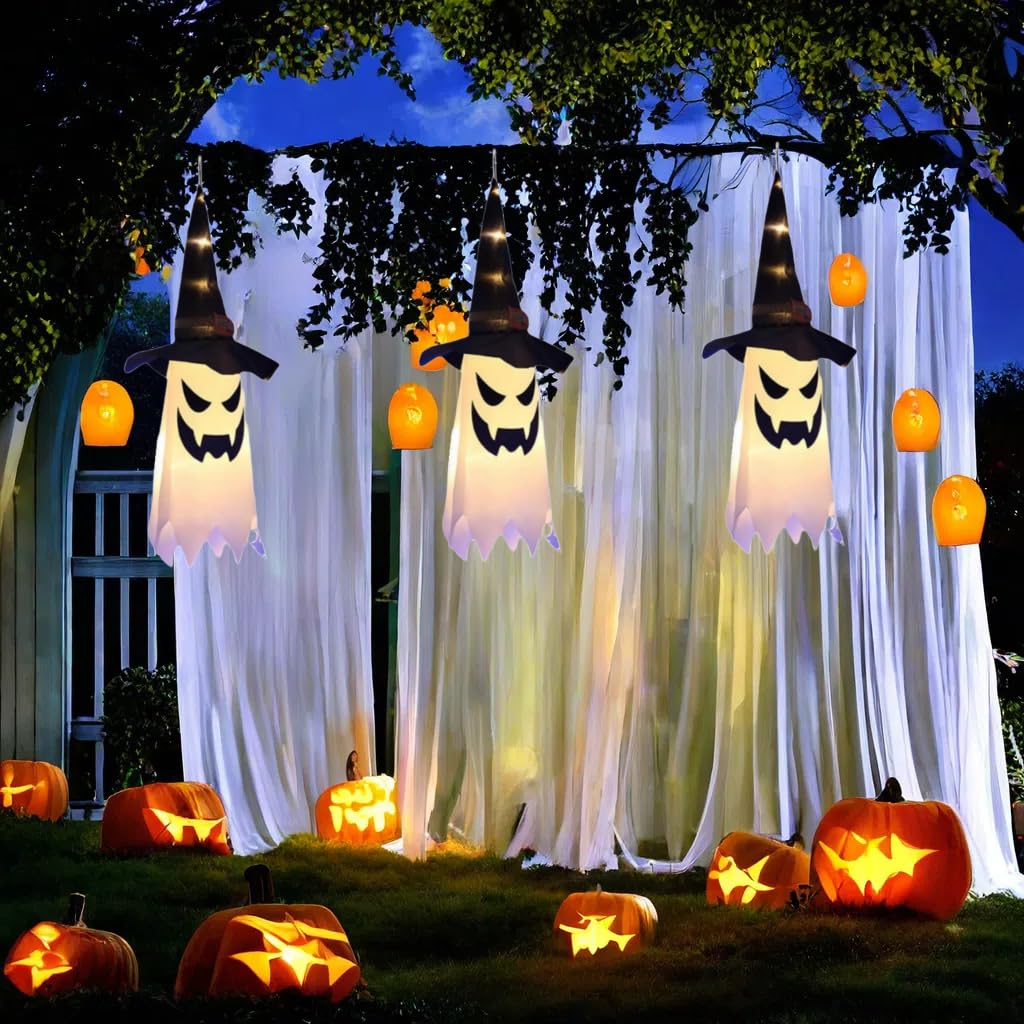 31.5" (3Pcs) Halloween Decorations Outdoor Indoor Hanging Ghosts Witch Hat, Glowing Witch Hat Halloween Ghost Decor for Room,Yard,Garden,Tree,Eaves,Party