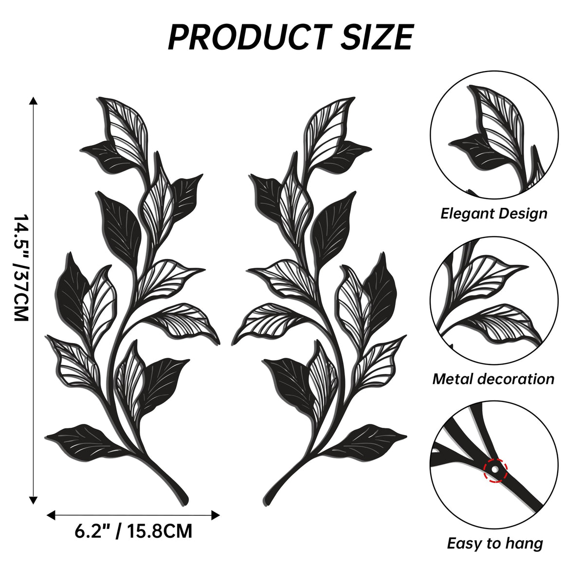 Slickss 14.6" 2 Pieces Metal Leaf Wall Art, 1mm Thick Matte Black Minimalist Vine Branch Decor, Above Door Bed Wall Hanging with Nail & Adhesive Mount Kit, Farmhouse Boho Decor for Home