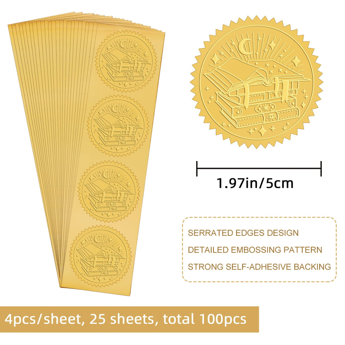 CRASPIRE 2" Gold Foil Sticker Magic Book 100pcs Certificate Seals Gold Embossed Round Embossed Foil Seal Stickers for Envelopes Invitation Card Diplomas Awards Graduation Celebration