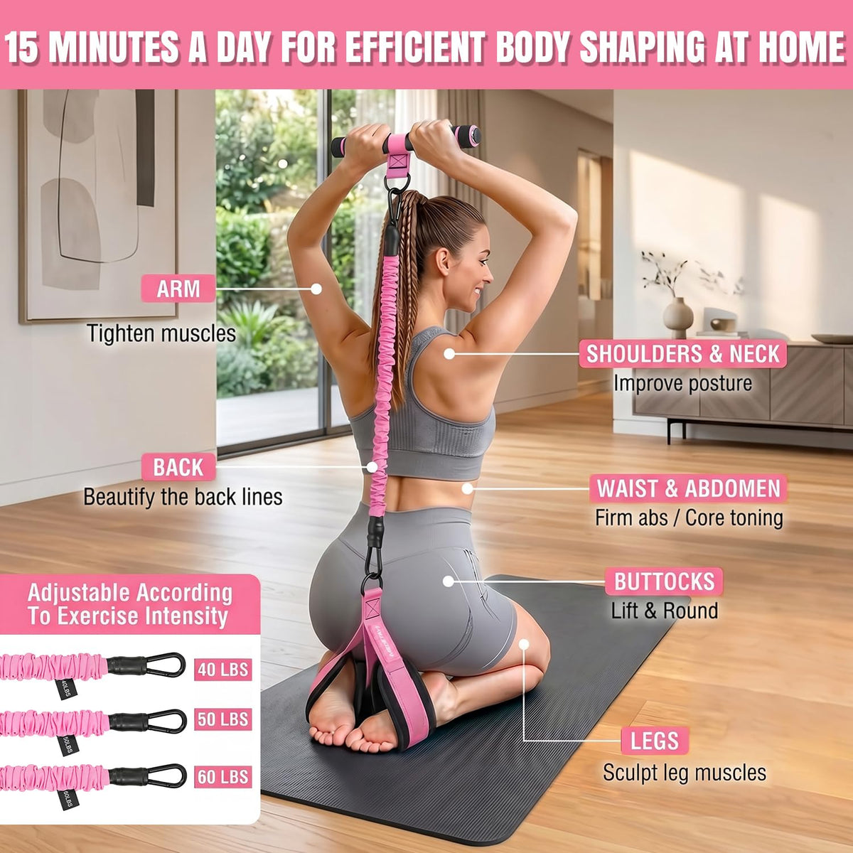 MEDETAYI Pedal Resistance Band 40/50/60 lbs with Handles and Ankle Cuffs, 3-Tube Adjustable Exercise Bands for Women’s Home Workout, Abs, Core, Arm, Leg and Hip Training