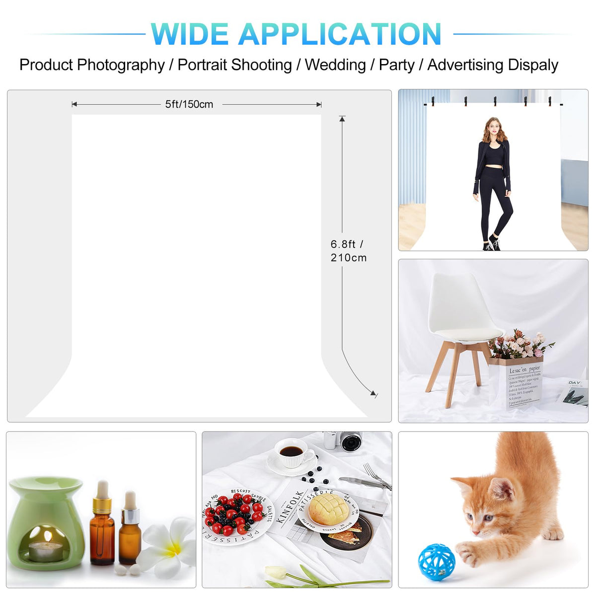 White Backdrop with Stand for Photoshoot, 5X6.5ft White Photo Backdrop with T Shape Background Backdrop Stand for Photography, Portable Photo Backdrop Curtain Stand Kit w Carrying Bag 5 Spring Clamps