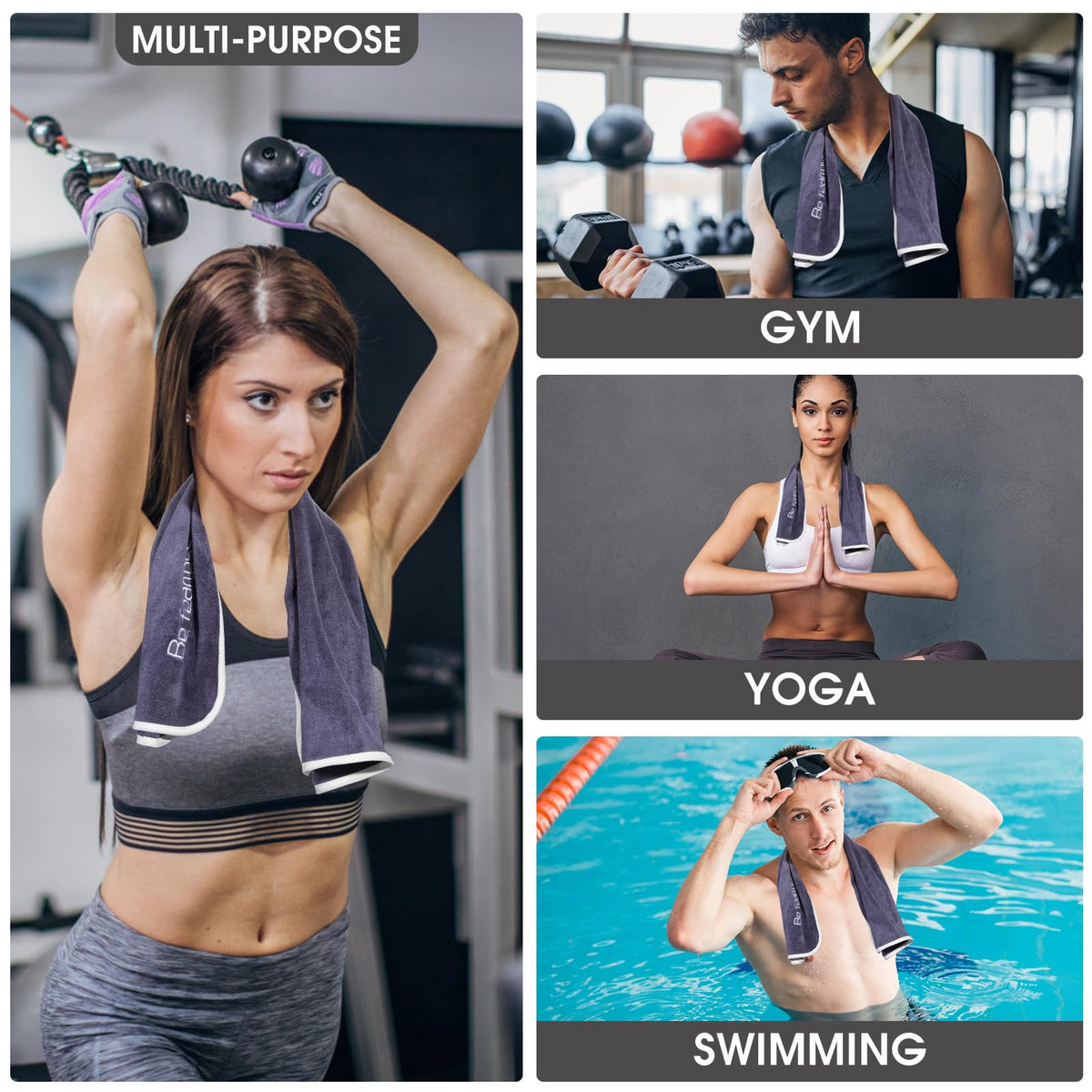 Xoofewal Microfiber Gym Towel Set for Men Women, Super Soft and Quick-Drying Towels for Fitness, Yoga, Cycling, Swimming (Blue+Grey+Purple, 3 Pack)