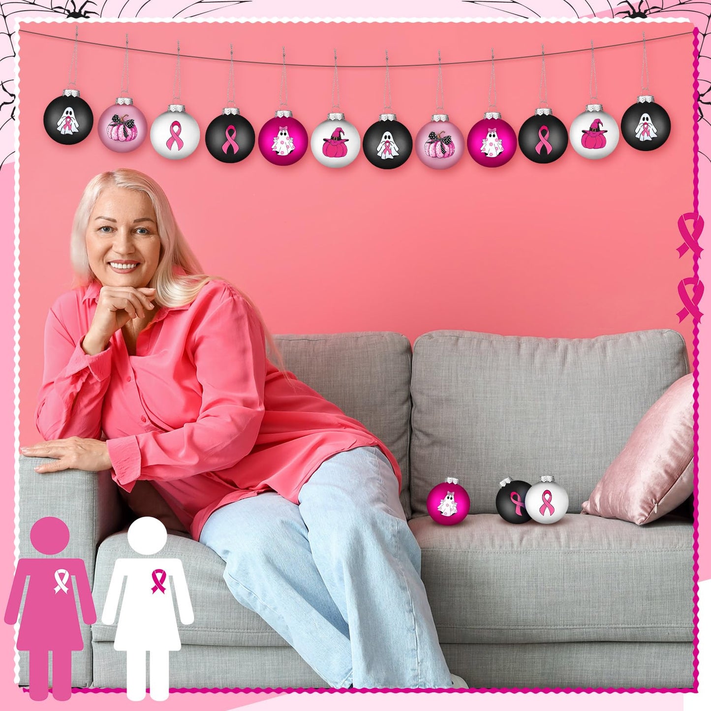 Arrowbash 12 Pcs Breast Cancer Halloween Ornaments 2.4 Inch Pink Ghost Ribbon Ball Decoration October Pink Pumpkin Bulb Ornaments Breast Cancer Awareness Halloween Decoration for Tree Home Party Decor