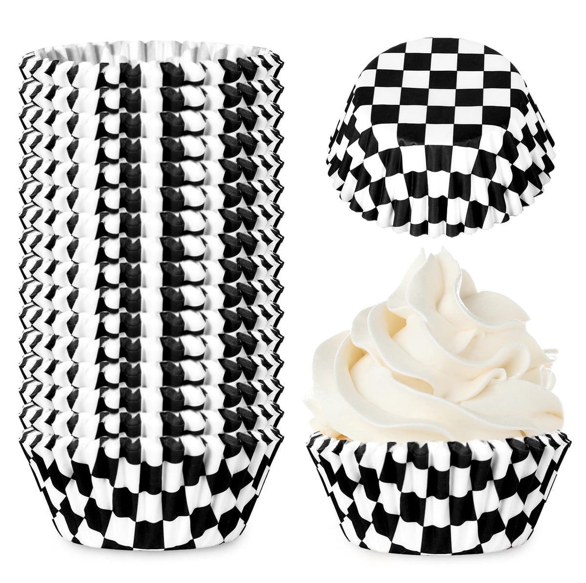 Whaline 300Pcs Checkered Cupcake Liner White Black Baking Cup Checkerboard Muffin Liner Race Car Cake Paper Cup Container for Party DIY Craft, 2x1.2 Inch