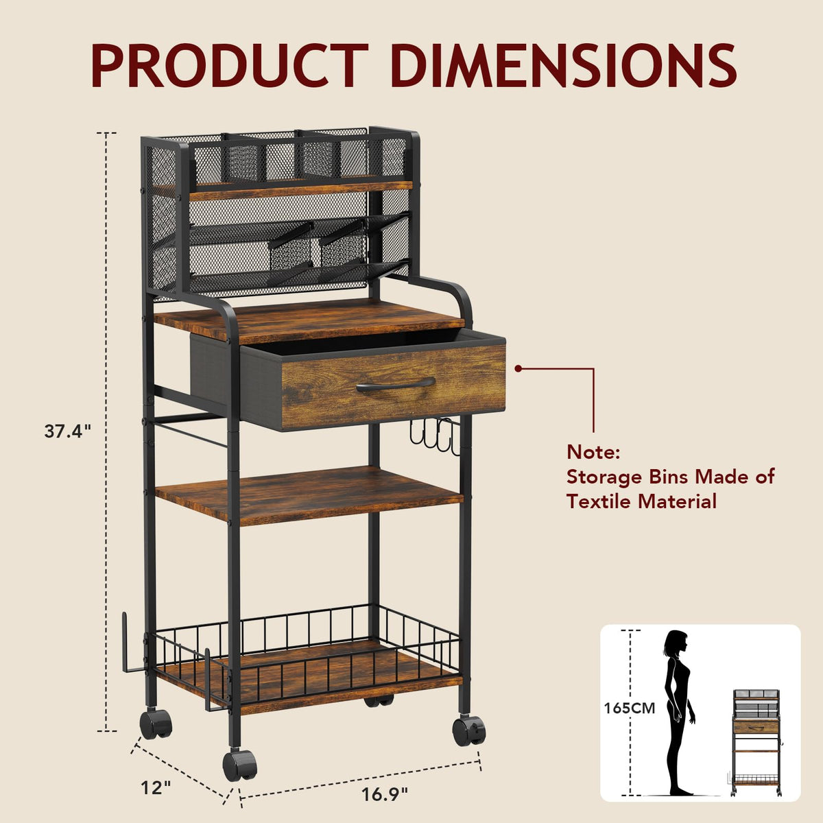 Homsorout Art cart, 3 Tier Rolling Cart - Utility Cart with Storage Drawer and Wheels, Versatile Art & Craft Organizer for Home, Office, or Studio Ideal for Storing Brushes, Paints （Brown）