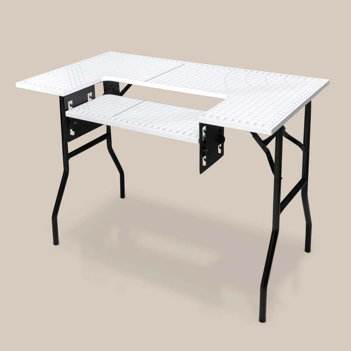 Crutello Folding Sewing Table and Craft Table for Adults - 42x24 inch Grid Top Crafting Desk for Fabric Cutting & Crafts - Steel Folding Storage Legs & Drop Down Sewing Machine Platform