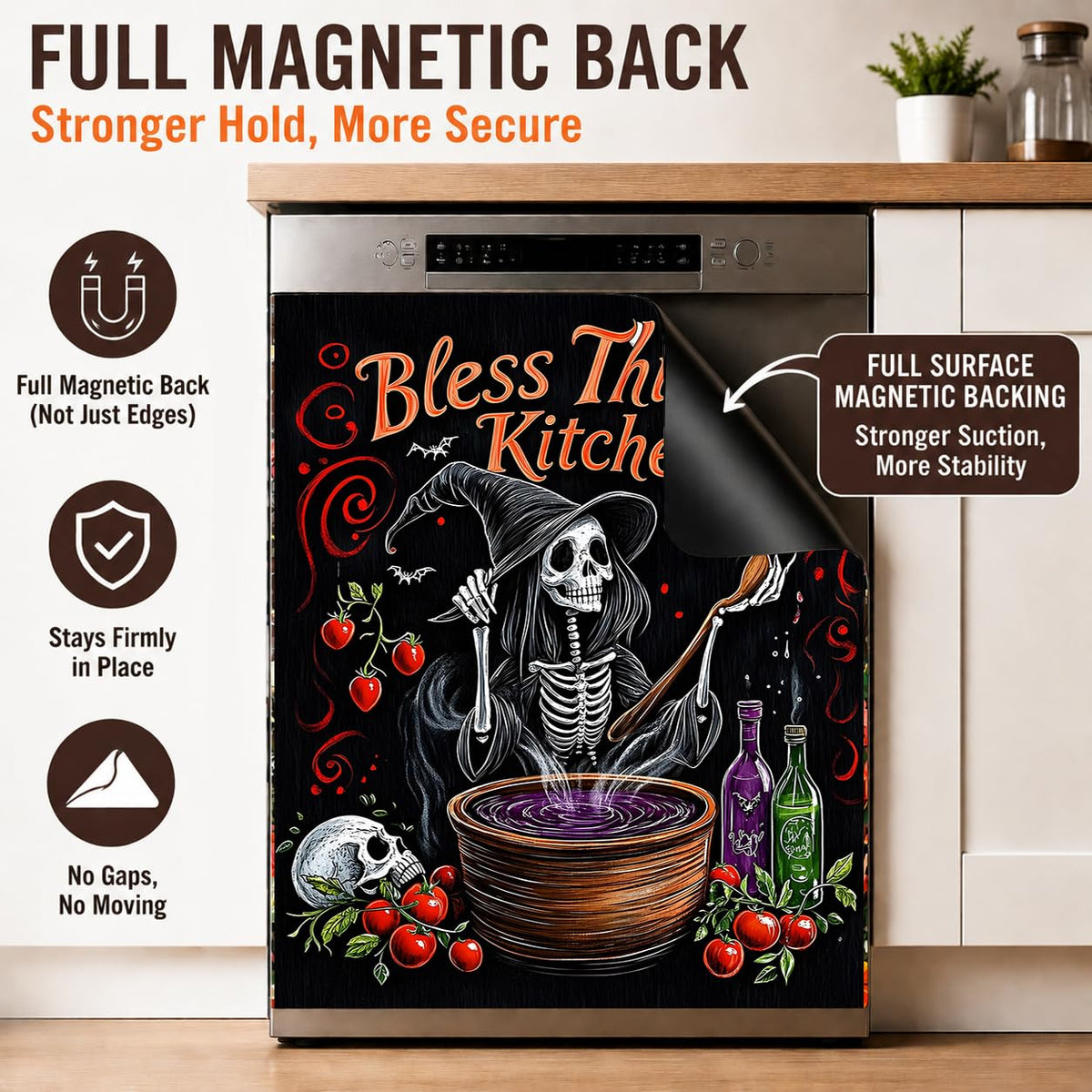 Dishwasher Magnet Cover Flower, Halloween Witches Magnetic Dishwasher Covers Decorative for The Front Panel, Refrigerator Magnets Decorative Cover Sticker Decal Kitchen Decor 23x26 Inch