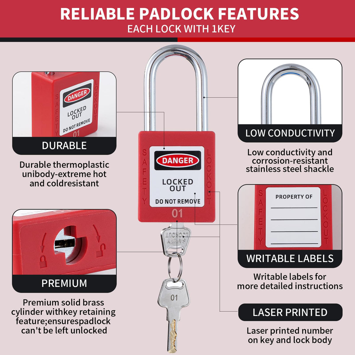 Lock Out Tag Out Locks and Keys, 10 Lockout Tagout Keyed Different Safe Pad Locks, OSHA Compliant Loto Locks for Lock Out Tag Out Stations (5, Red)