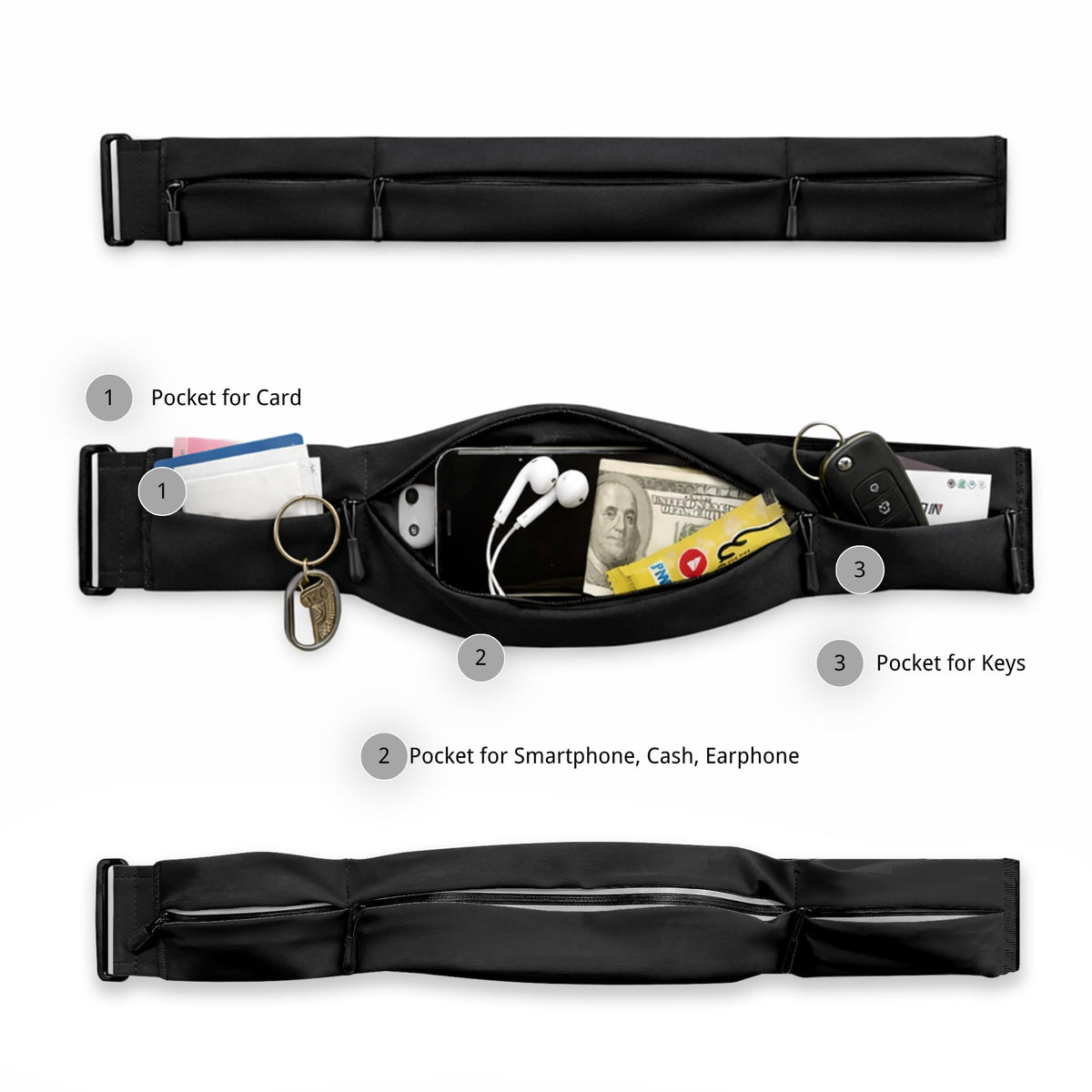 Running Belt for Men Women, Water-resistant Fanny Pack with 3 Zipper Pockets & Reflective Safety Strips, Adjustable Waist Pack Jogging Pouch for Phone, Keys & Essentials (Black, Large)