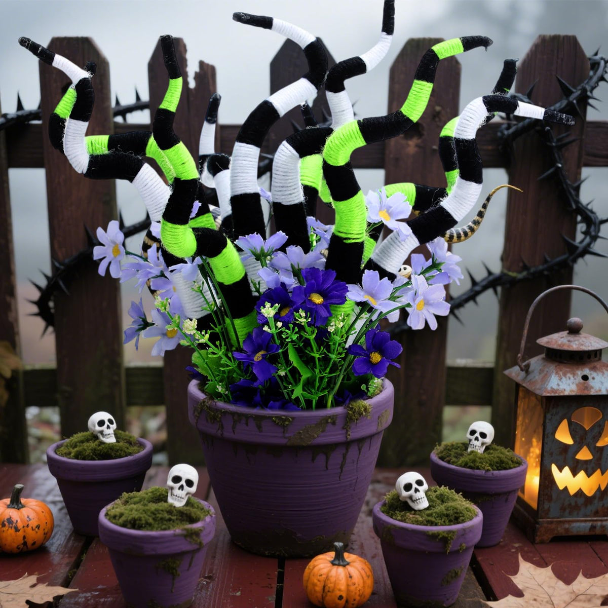 Yalikop 16 Pcs 14 inch Halloween Decoration Halloween Plant Stakes Spooky Nightmare Worms Black and White Striped Plant Tentacle Picks for Front Porch Lawn Garden Decor