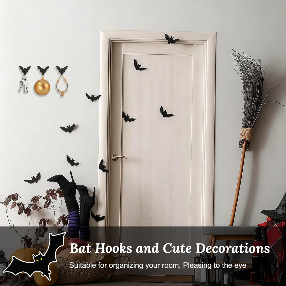 MOROBOR Bat Coat Rack Wall Mount, 8pcs Self Adhesive Towel Hooks Heavy Duty Iron Waterproof Hangers Halloween Gothic Home Decor Hooks No Drill Stick on Hooks/Black