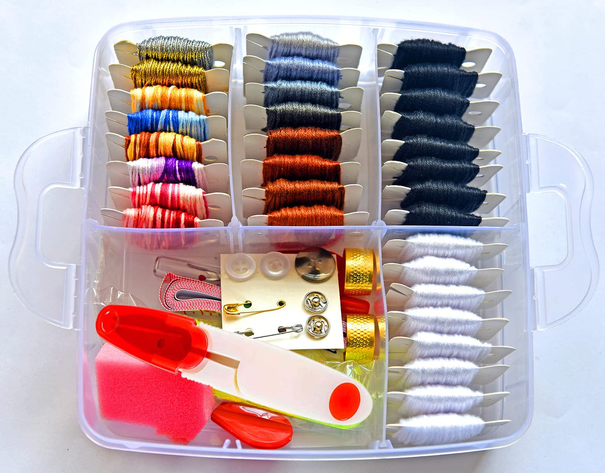 QCZKB 188 Embroidery Floss Set Including Cross Stitch Threads Friendship Bracelet String with 2-Tier Transparent Box, Floss Bobbins and Cross Stitch Kits