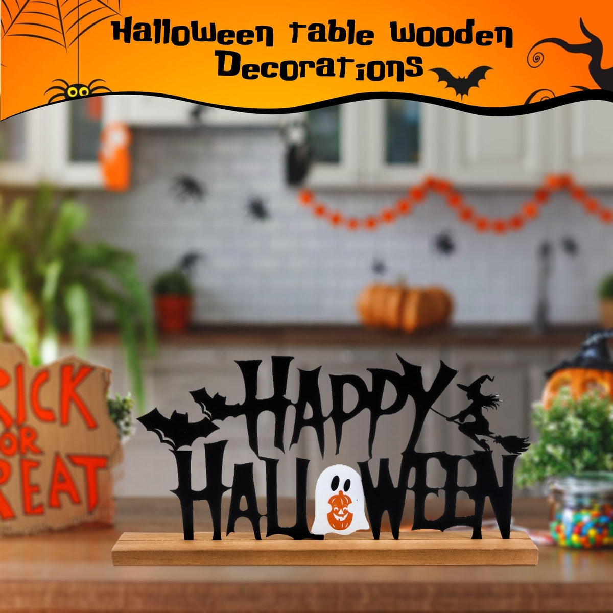 Metal Happy Halloween Sign Halloween Table Decor with Wooden Base Freestanding Rustic Table Decor for Indoor Home Tabletop Centerpiece Mantel Shelf Fireplace Decoration (Black)