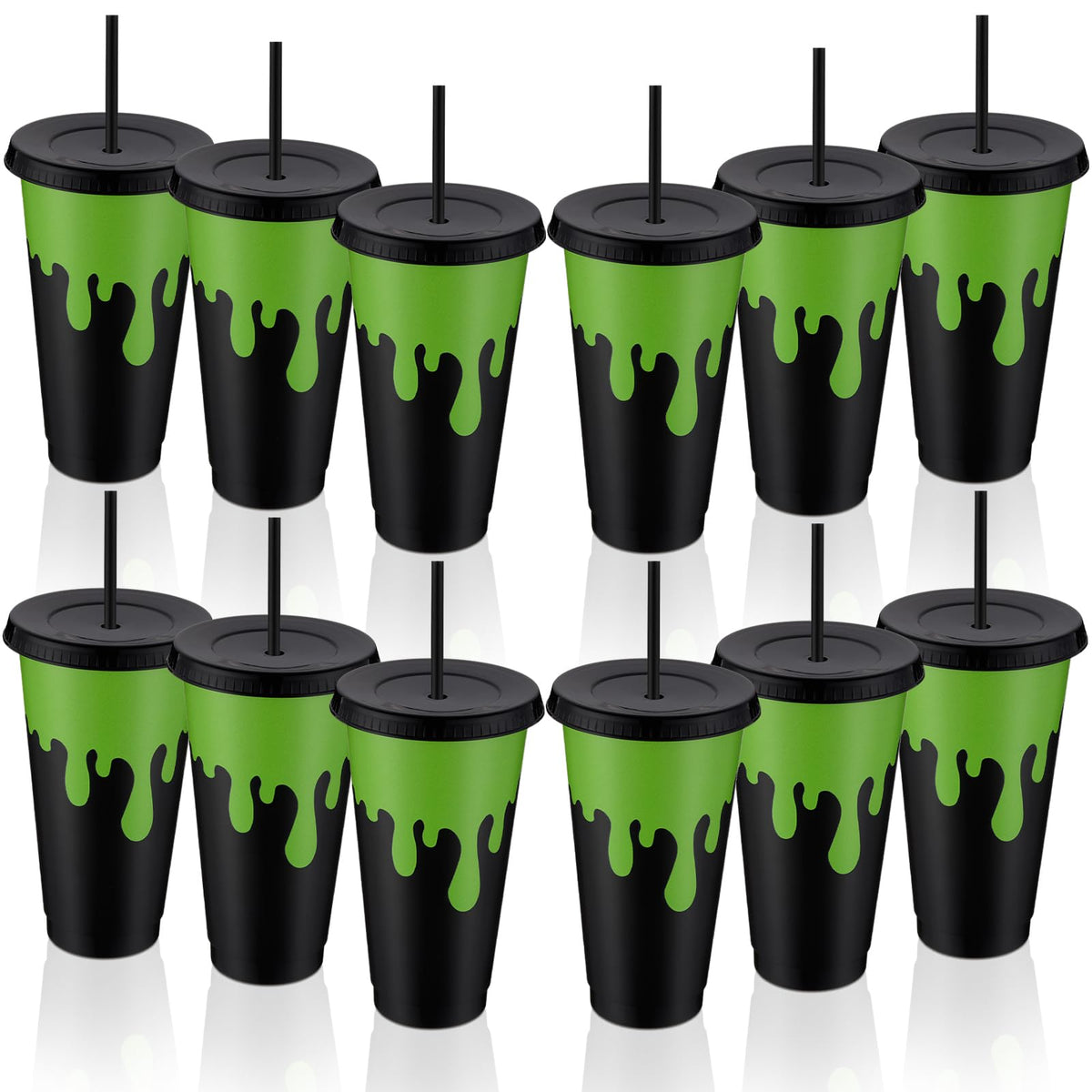 Acellegic 12 Pcs Halloween Party Decorations Green and Black Plastic Gifts Cups with Lids and Straws Reusable 24 oz Ghost Plastic Tumblers Bulk for Halloween Birthday Party Favors Decoration Supplies
