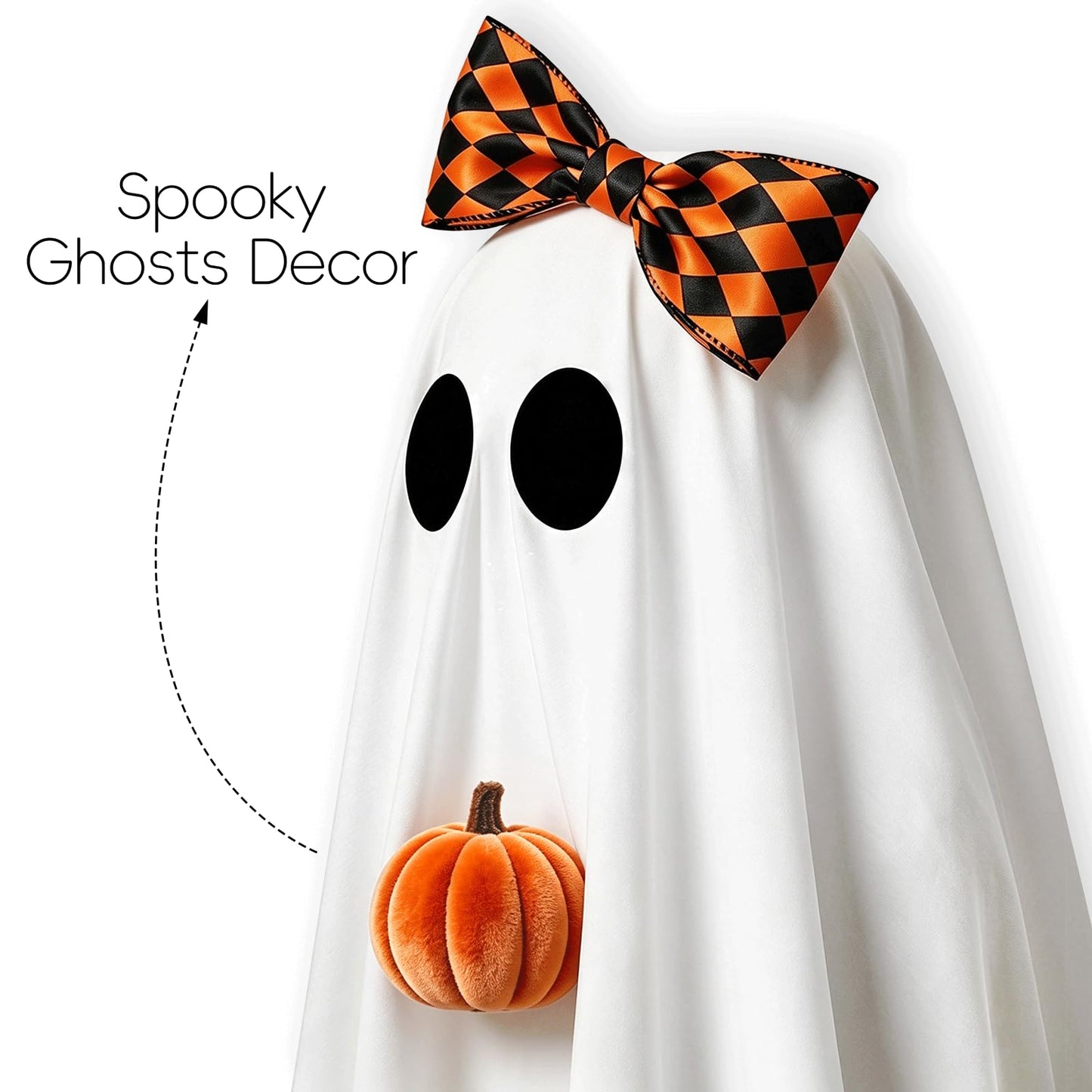 Halloween Decorations, 2 Pack Lighted Spooky Ghost with Pumpkin and Buffalo Plaid Bow, Cute Standing Ghost Decor for Halloween Decorations Indoor Home Office Table Mantel Shelf Party Supply