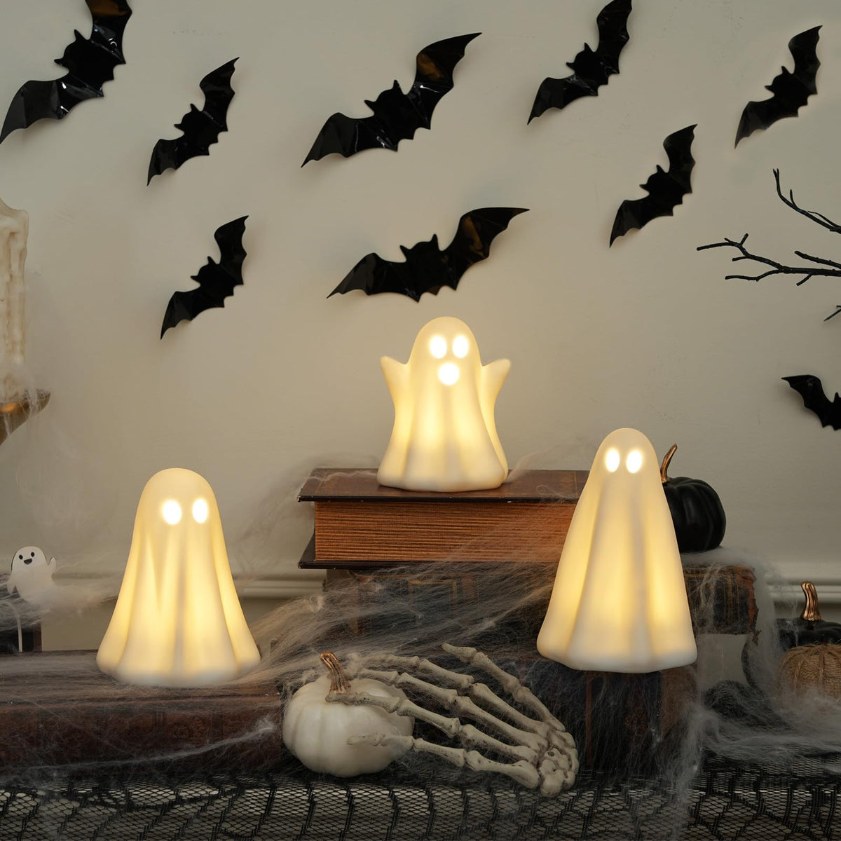 Light Up Ghost Halloween Decor - 3 Pack Ceramic White Ghost Figurines - Indoor, Table, Tray