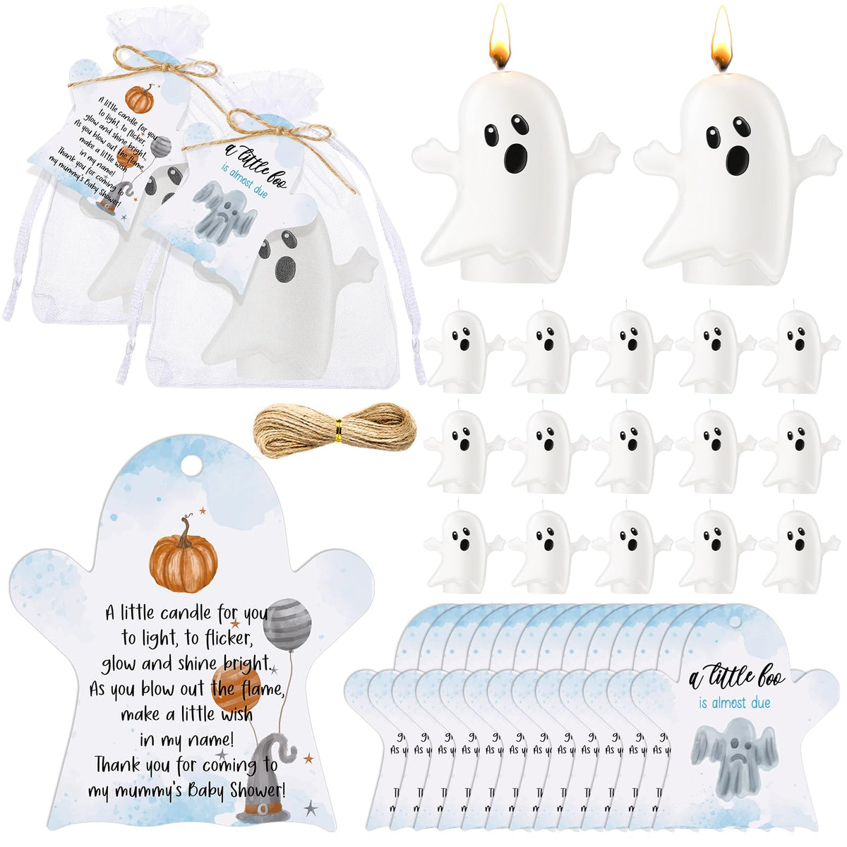 MTLEE 50 Sets Halloween a Little Boo is Almost Du Baby Shower Favors Cute Ghost Candles Unscented with Mini Ghost Thank You Cards Bags for Halloween Boo Gender Reveal Party Supplies (Blue)