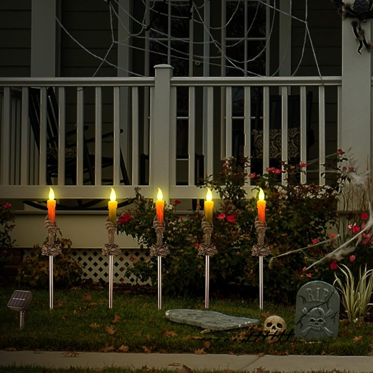 ILLUMINEW Halloween Pathway Lights, 5 Pack Candle Skull Hand Candle Holder, Waterproof Solar Halloween Led Lights, Indoor and Outdoor Party Home Garden Porch Decoration
