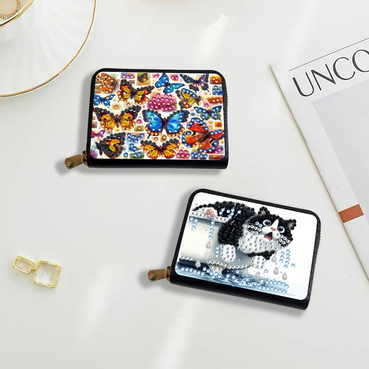 4pcs Butterflies Animals Pattern Diamond Art Painting Minimalist Wallet DIY Rhinestone Painting Art Kit Credits card Pocket Organizer Storage Bag Handmade Craft Gift for Holidays and Everyday Use
