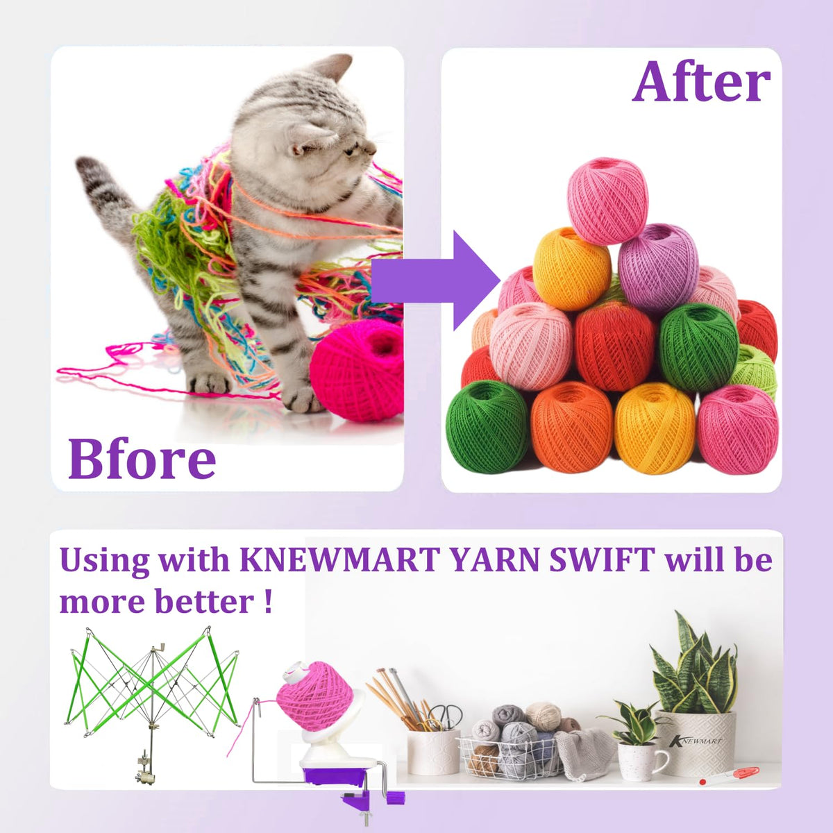 Yarn Ball Winder for Crocheting Knitting, Sturdy Metal Handle Tabletop Yarn Winder with 4 Size Pom Pom Makers Scissors, Low Noise