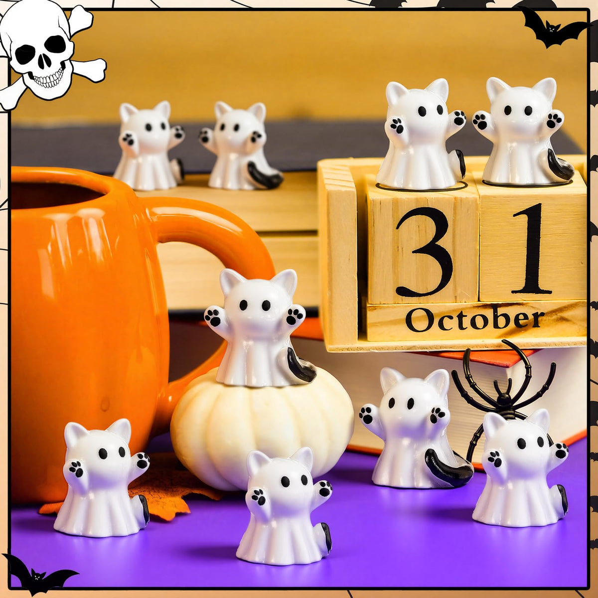 Lineshading 50 Pcs Halloween Mini Cat Ghost Figurines Decor Bulk Cute Ghost Cat Desk Statues 0.98 Inch Cartoon Spooky Figurines for Party Favors Desktop Halloween Decorations Display Ornaments