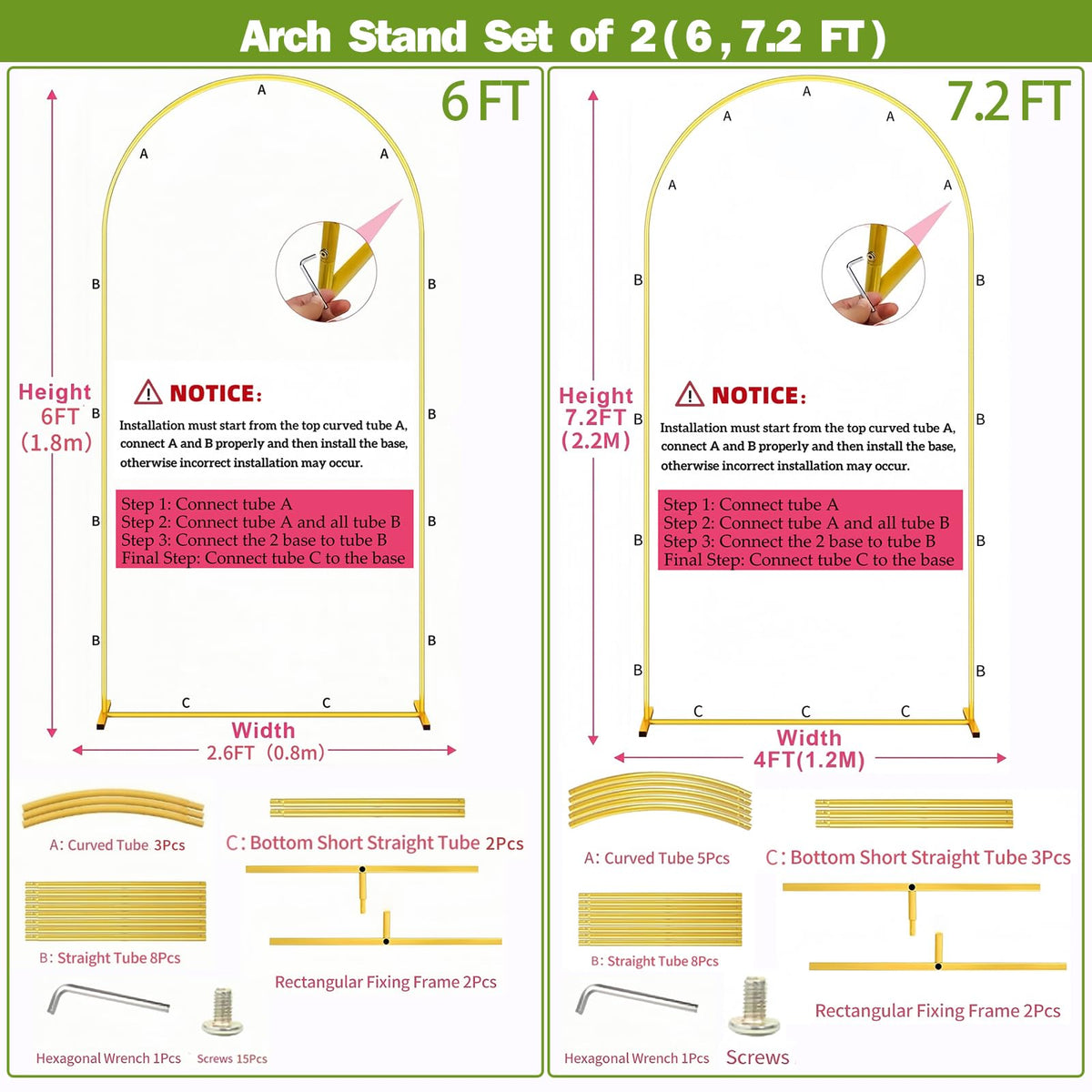 Metal Arch Backdrop Stand 7.2FT+6FT Wedding Arch Backdrop Stand Set of 2 Gold Arch Backdrop Stand for Valentines Day Party Wedding Ceremony Baby Shower Birthday Floral Balloon Decration