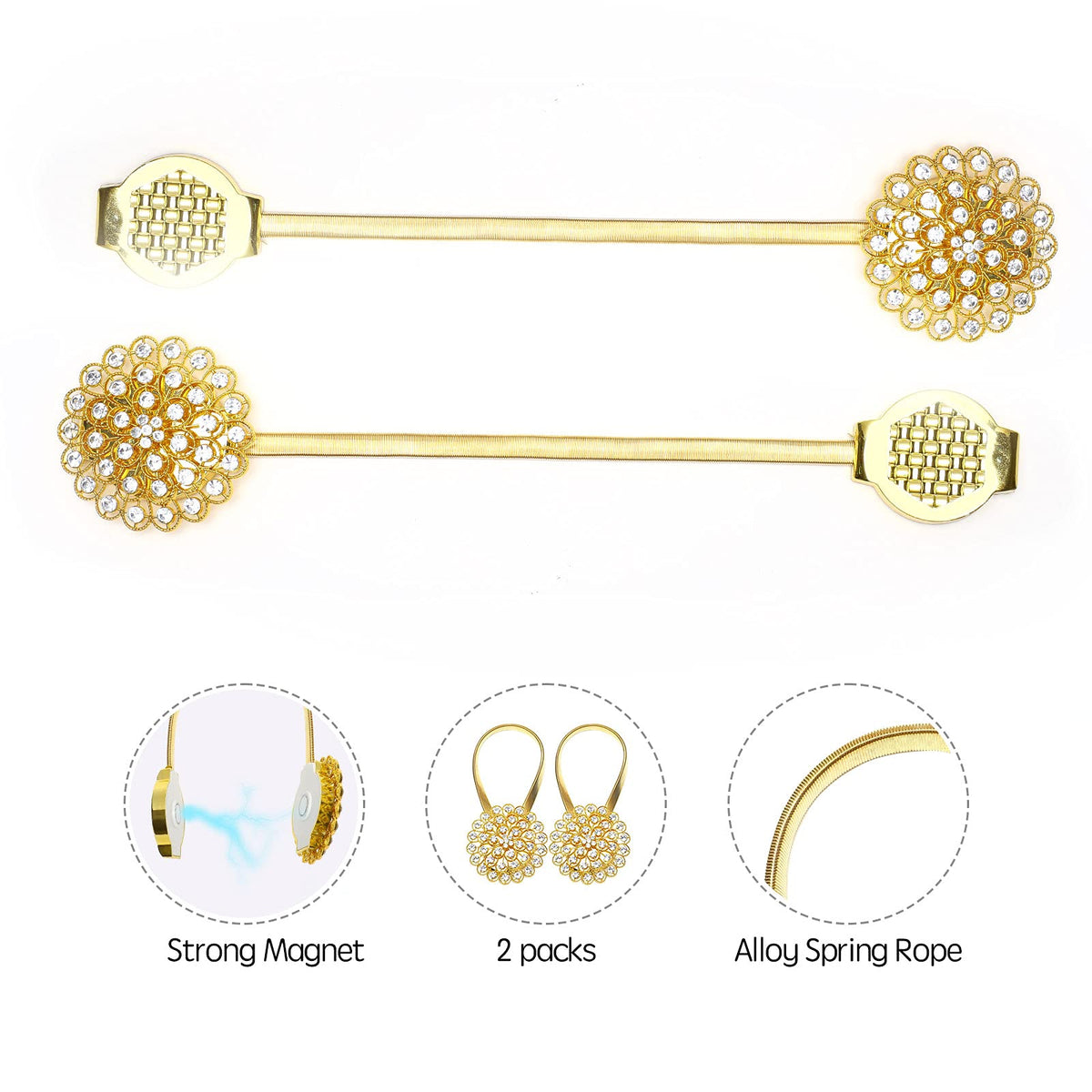 Mightree Magnetic Curtain Tiebacks,Magnet Curtain Clips with Stretchy Metal Rope for Home Office,Outdoor Decor Curtain Holdbacks,2 Pack Drape Holdbacks,Gold Diamond Flower