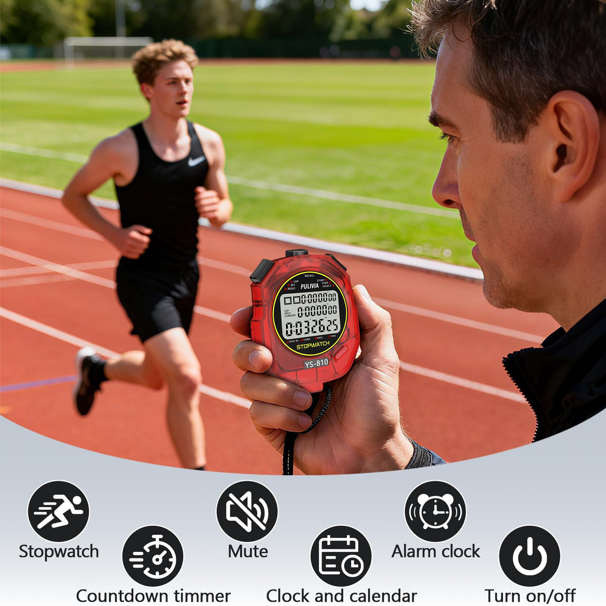 PULIVIA Stopwatch Timer 10 Splits/Laps Digital Stop Watch for Sports, Countdown Alarm Clock Date Memory Recall Large Display, Stopwatch for Coaches PE-Teacher Referee (red, 10 Splits/laps)
