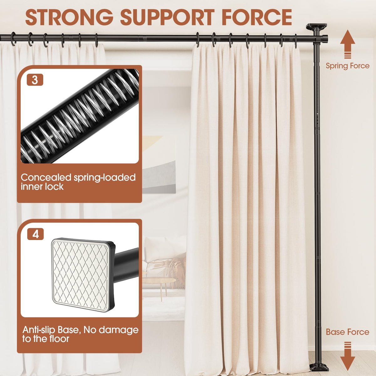 SUNALLY Room Divider Curtain Rod, No Drilling Room Separator for Space Partition Adjustable 4-10ft(H) 28-70inch(W) Heavy Duty Temporary Wall Divider Floor to Ceiling Tension Rod, Black